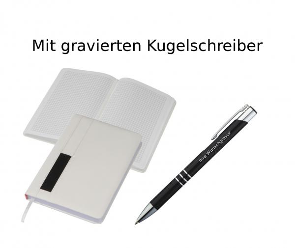 Notizbuch + Kugelschreiber mit Gravur / DIN A5 / 192 S. kariert / Farbe: weiß