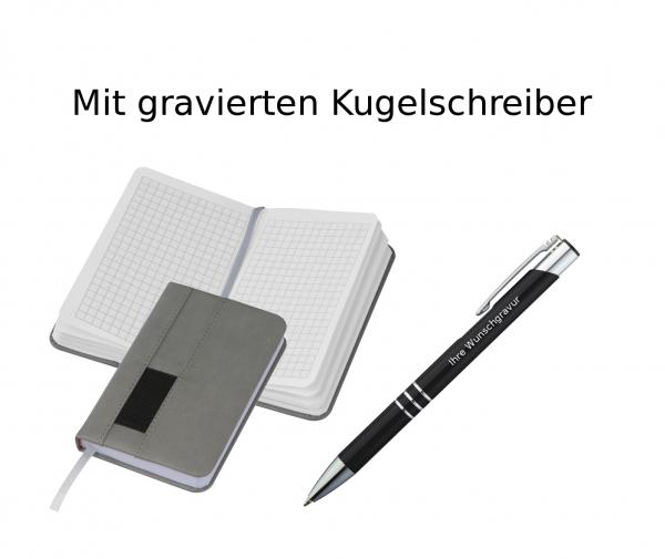 Notizbuch + Kugelschreiber mit Gravur / DIN A6 / 160 S. kariert / Farbe: grau