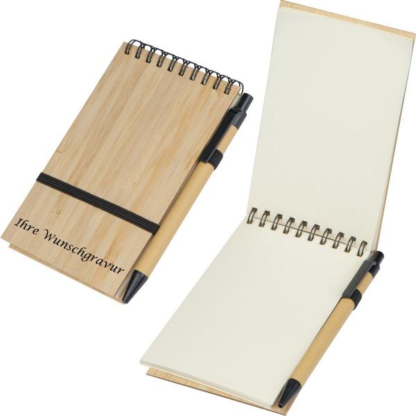 Notizbuch mit Gravur / mit Bambuscover und Kugelschreiber / ca. DIN A6