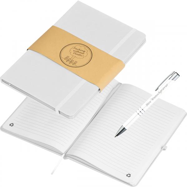 Notizbuch mit Kugelschreiber mit Gravur / PU Cover / A5 / 192 Seiten / weiß