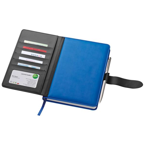 Notizbuch mit Visitenkartenmappe mit Gravur / DIN A5 / aus PU / Farbe: blau