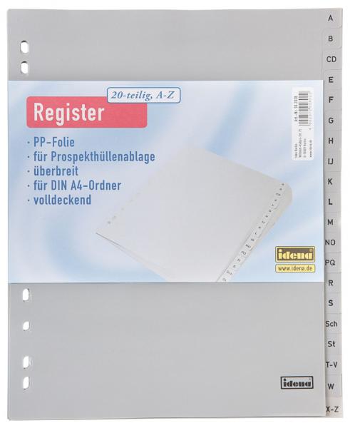Ordner Register A-Z / Überbreit / 20tlg. / DIN A4 / aus PP 120µ / Farbe: grau