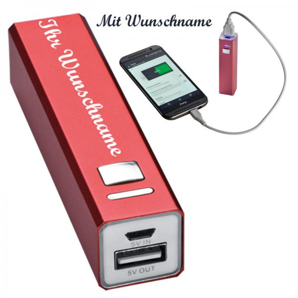 Powerbank mit Namensgravur - aus Aluminium - 2.200 mAh - Farbe: rot