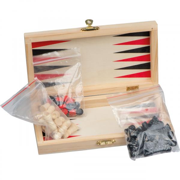 Reisespielset aus Holz mit Backgammon - Schach - Dame Spiel