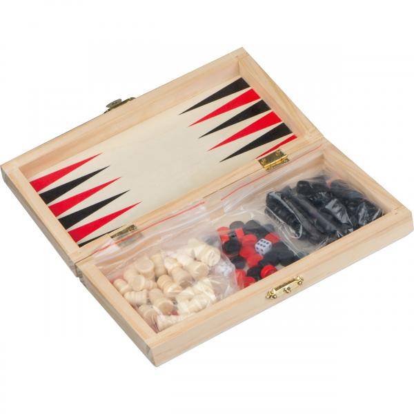 Reisespielset aus Holz mit Backgammon - Schach - Dame Spiel