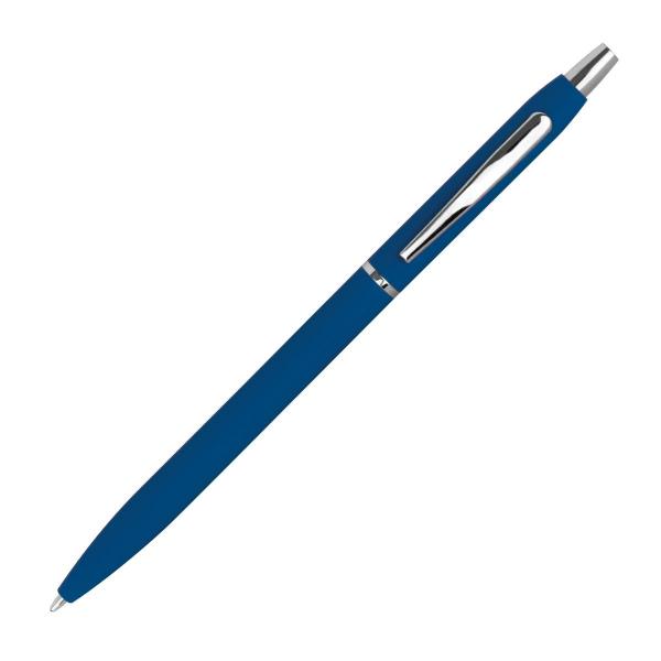 Schlanker Metall-Kugelschreiber mit Namensgravur - gummiert - Farbe: blau