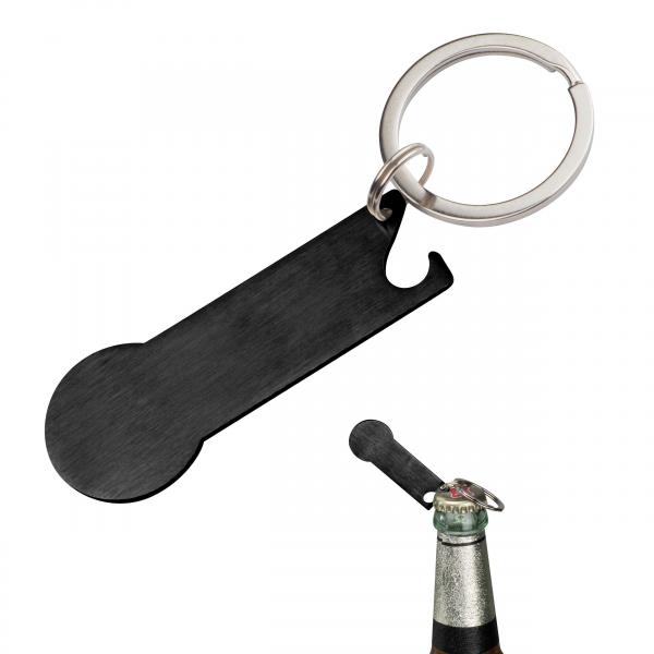 Schlüsselanhänger mit Einkaufschip,Flaschenöffner,Schlüsselring / Farbe: schwarz