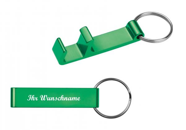 Schlüsselanhänger mit Namensgravur - mit Flaschenöffner - Farbe: grün