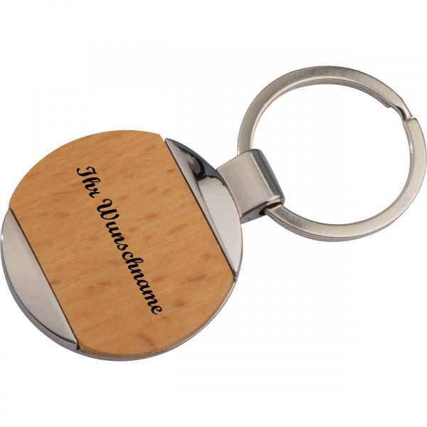 Schlüsselanhänger mit Namensgravur - rund - aus Metall mit einem Holzinlay
