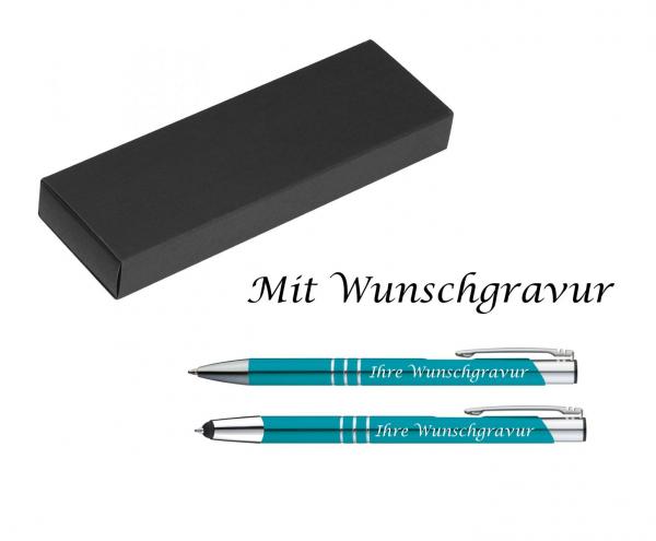 Schreibset mit Gravur / Touchpen Kugelschreiber + Kugelschreiber / Farbe: türkis