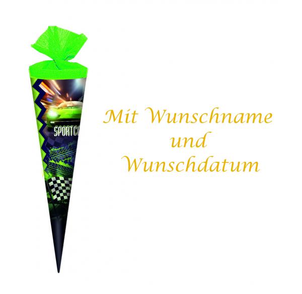 Schultüte mit gold gefärbter Gravur / Zuckertüte / 35cm / rund / "Sportcar"