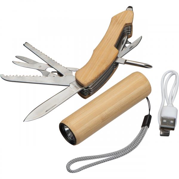 Set bestehend aus Akku-Taschenlampe und Taschenmesser aus Bambus