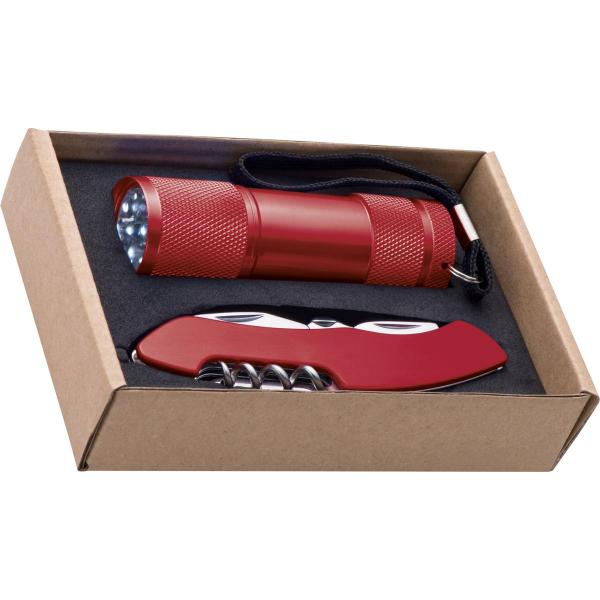 Set bestehend aus Taschenlampe und Taschenmesser / Farbe: rot