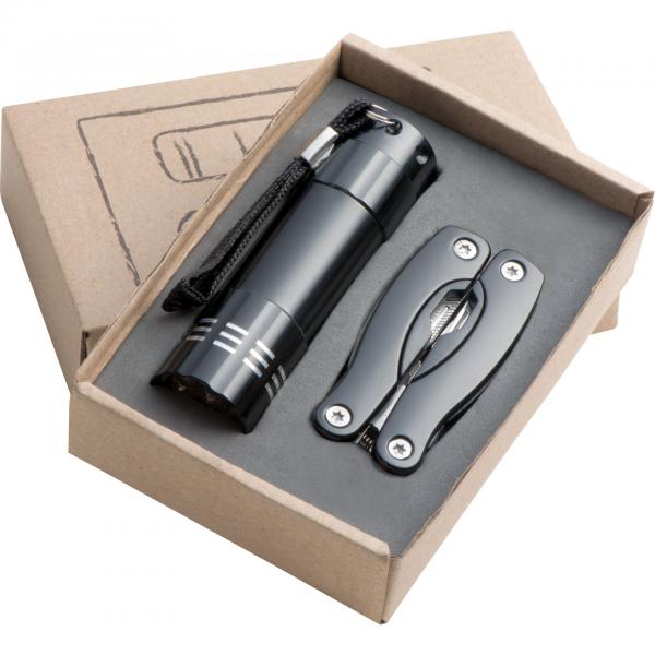 Set bestehend aus Taschenlampe und Taschenmesser mit Gravur / Multitool