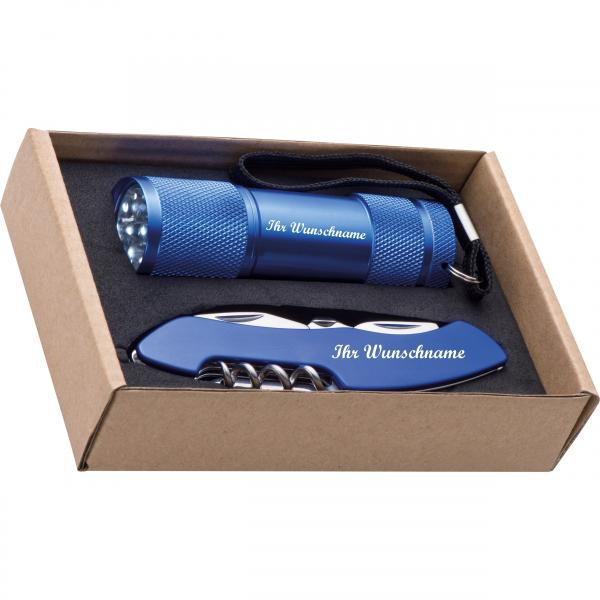 Set bestehend aus Taschenlampe und Taschenmesser mit Namensgravur - Farbe: blau