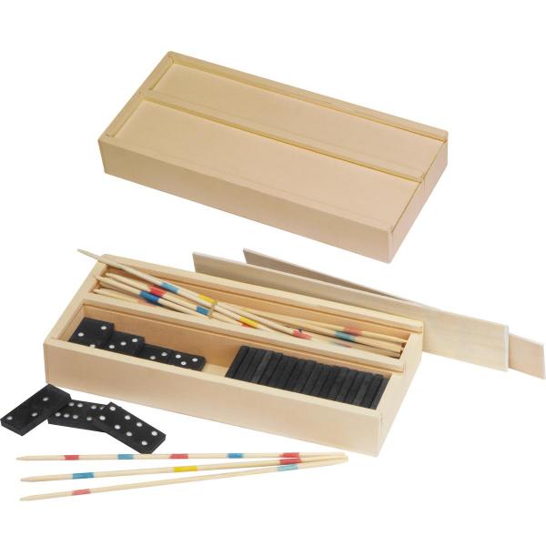 Spieleset in einer Holzbox mit Mikado und Domino