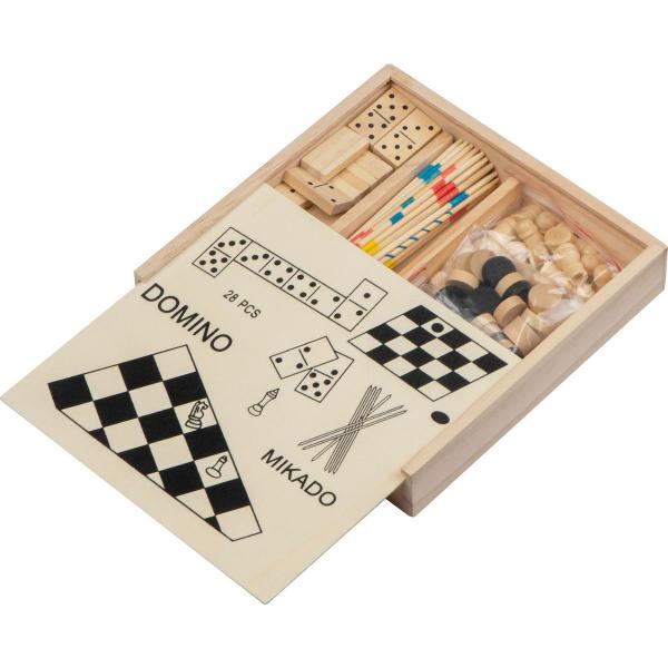 Spieleset in einer Holzbox mit Schach, Mikado, Dame, Domino