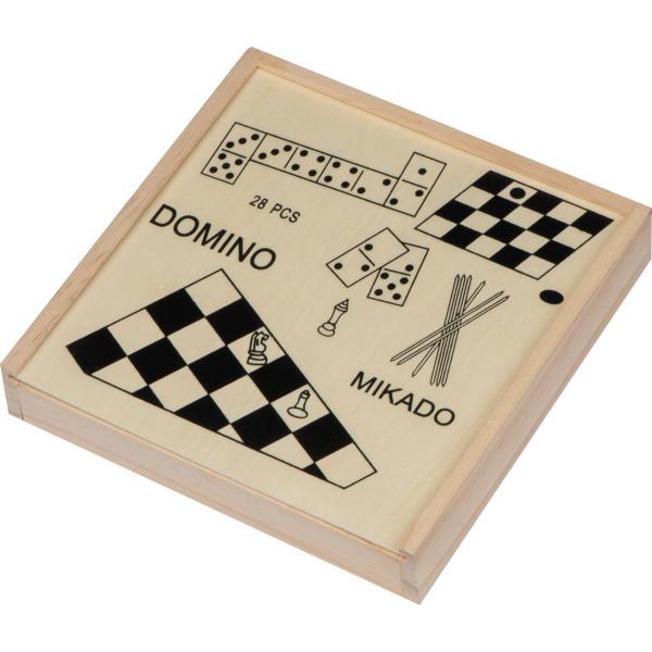 Spieleset in einer Holzbox mit Schach, Mikado, Dame, Domino mit Gravur