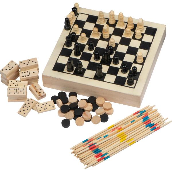 Spieleset in einer Holzbox mit Schach, Mikado, Dame, Domino mit Namensgravur