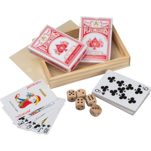 Spielkartenset mit 2 Pokerkartensets (52 Blatt + Joker) und 5 Holzwürfeln