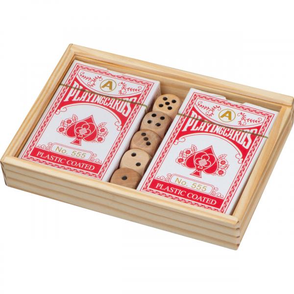Spielkartenset mit 2 Pokerkartensets (52 Blatt + Joker) und 5 Holzwürfeln