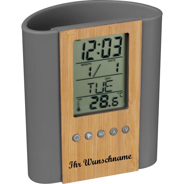 Stifteköcher mit Uhr, Thermometer, Kalender, Wecker, Timer mit Namensgravur