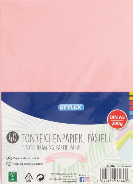 Tonzeichenpapier / DIN A5 / 200g / 40 Blatt / 5 Pastell-Farben