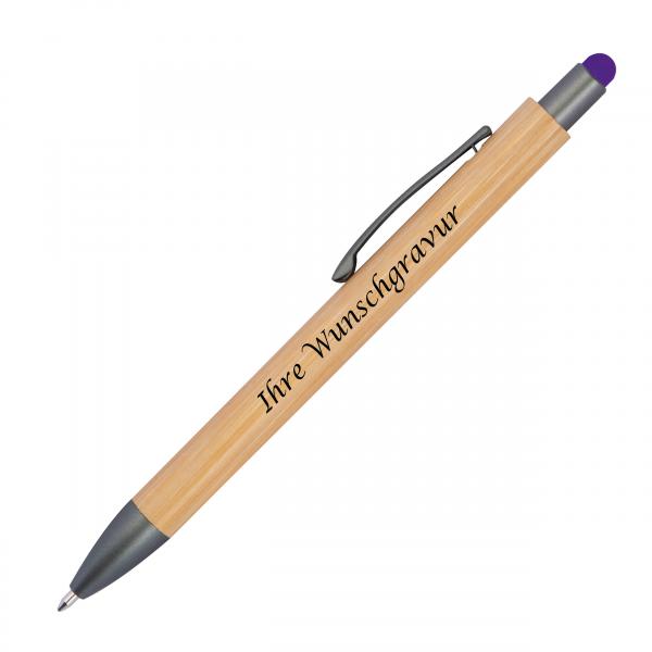 Touchpen Holzkugelschreiber aus Bambus mit Gravur / Stylusfarbe: lila