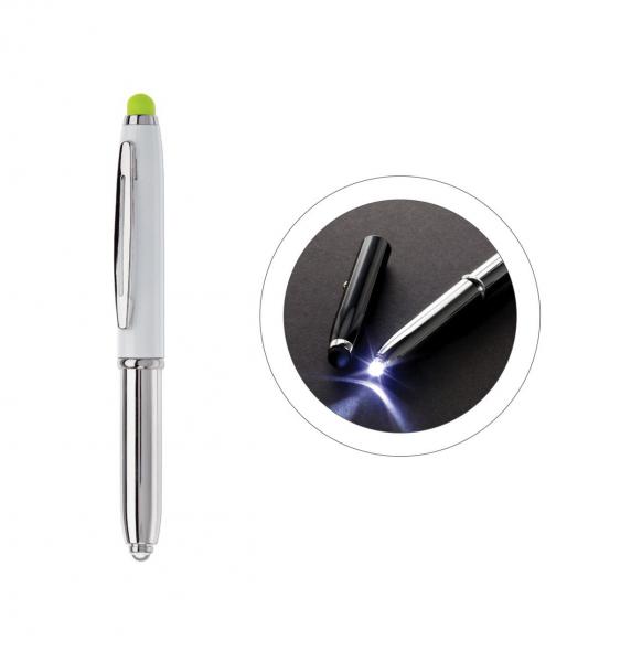 Touchpen Kugelschreiber / mit LED Licht / Farbe: silber/weiß mit grünen Stylus