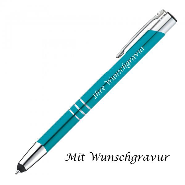 Touchpen Kugelschreiber aus Metall mit Gravur / Farbe: türkis