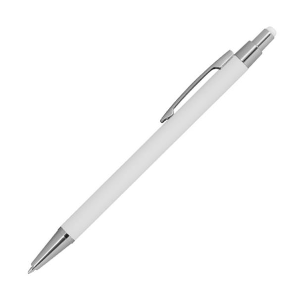 Touchpen Kugelschreiber aus Metall mit Gravur / gummiert / Farbe: weiß