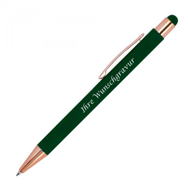 Touchpen Kugelschreiber mit Gravur / aus Metall / Farbe: rosegold-dunkelgrün