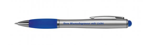 Touchpen Kugelschreiber mit Gravur im farbigen LED Licht / Farbe: silber-blau