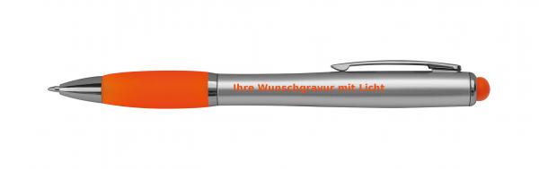 Touchpen Kugelschreiber mit Gravur im farbigen LED Licht / Farbe: silber-orange