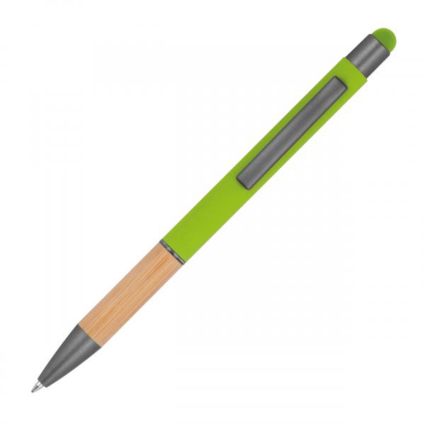Touchpen Kugelschreiber mit Griffzone aus Bambu mit Gravurs / Farbe: apfelgrün