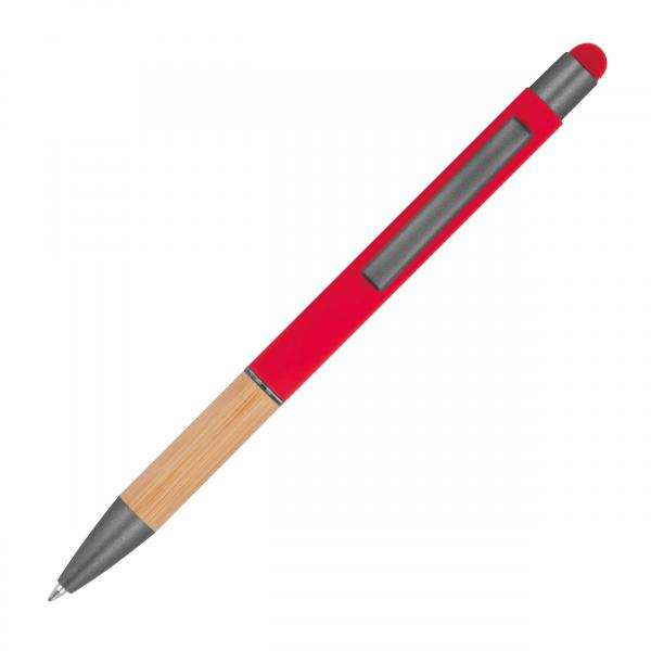Touchpen Kugelschreiber mit Griffzone aus Bambus mit Gravur / Farbe: rot