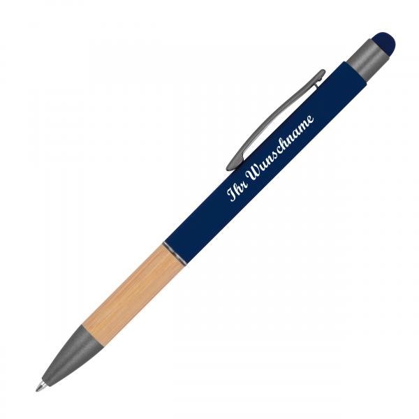 Touchpen Kugelschreiber mit Griffzone aus Bambus mit Namensgravur - dunkelblau