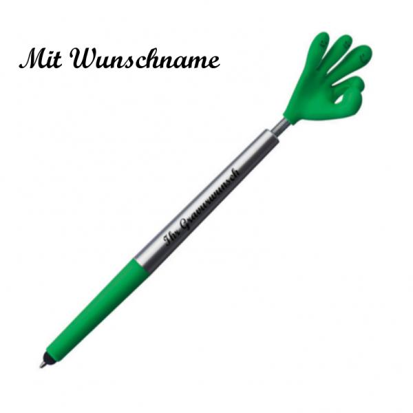 Touchpen Kugelschreiber mit Namensgravur - "Smile Hand" - Farbe: silber-grün
