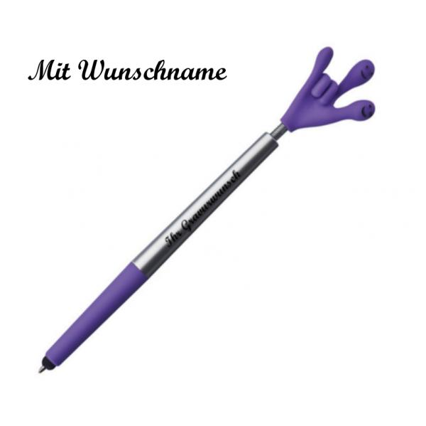 Touchpen Kugelschreiber mit Namensgravur - "Smile Hand" - Farbe: silber-lila