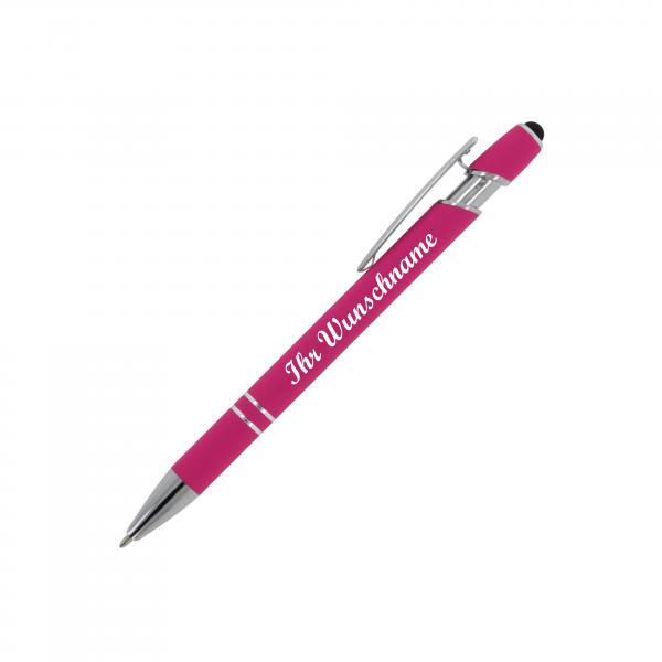 Touchpen Kugelschreiber mit Namensgravur - aus Metall - Soft-Touch - Farbe: pink