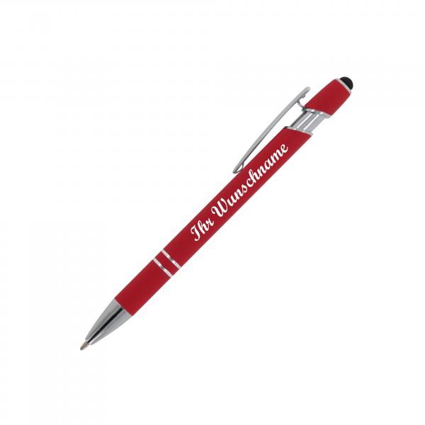 Touchpen Kugelschreiber mit Namensgravur - aus Metall - Soft-Touch - Farbe: rot