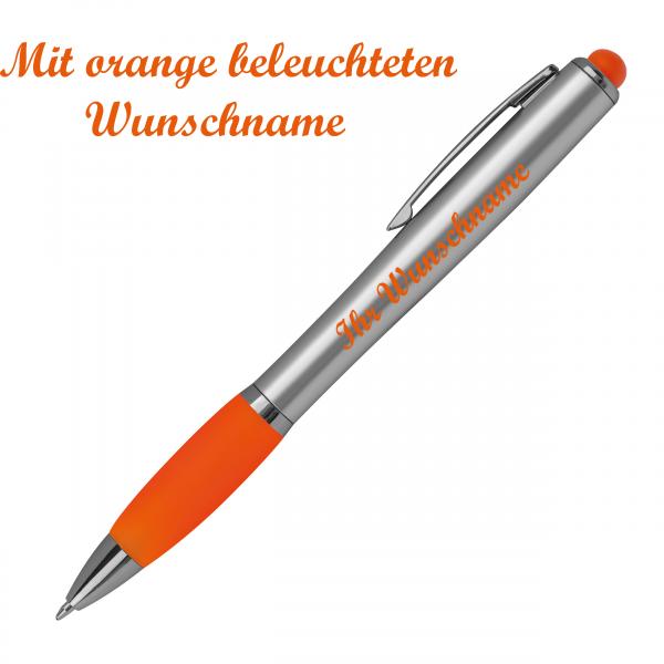 Touchpen Kugelschreiber mit Namensgravur im farbigen LED Licht - silber-orange
