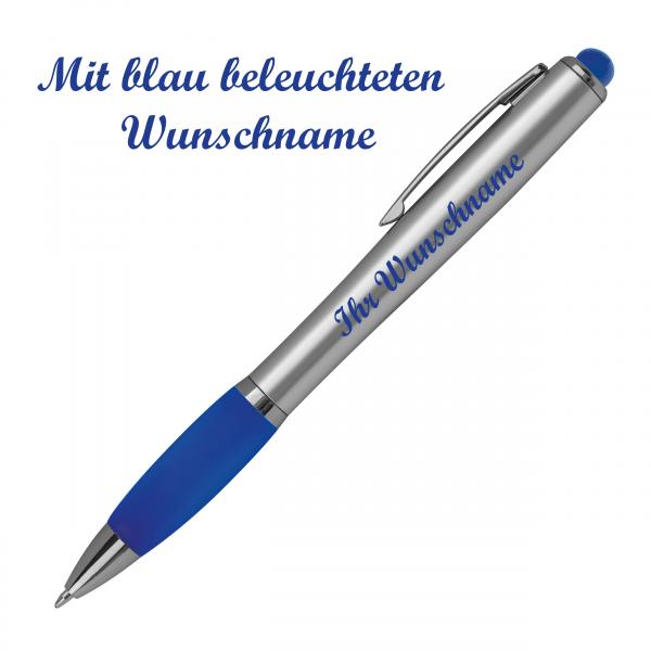 Touchpen Kugelschreiber mit Namensgravur im LED Licht - silber-blau