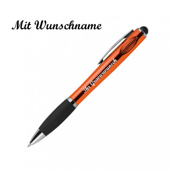 Touchpen Kugelschreiber mit Namensgravur mit weißem LED Licht - Farbe: orange