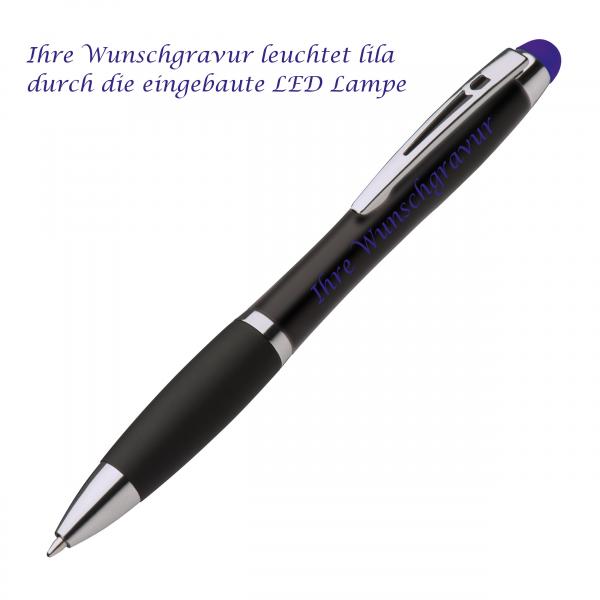 Touchpen Leucht-Kugelschreiber mit Gravur / Farbe: schwarz-violett