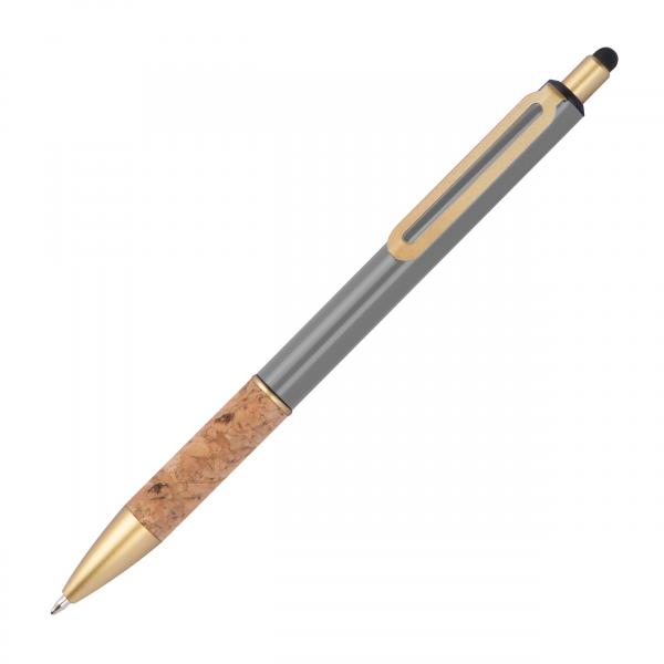 Touchpen Metall-Kugelschreiber mit Gravur / mit Korkgriffzone / Farbe: grau
