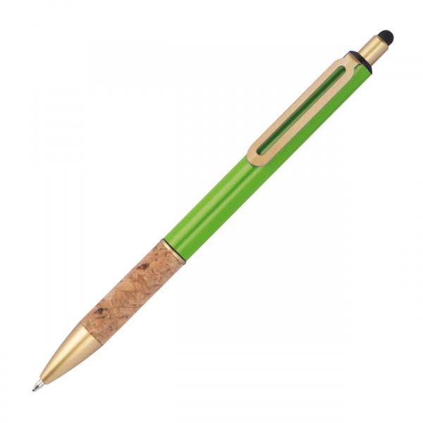 Touchpen Metall-Kugelschreiber mit Gravur / mit Korkgriffzone / Farbe: hellgrün