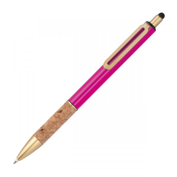 Touchpen Metall-Kugelschreiber mit Gravur / mit Korkgriffzone / Farbe: pink