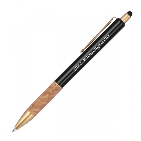 Touchpen Metall-Kugelschreiber mit Gravur / mit Korkgriffzone / Farbe: schwarz