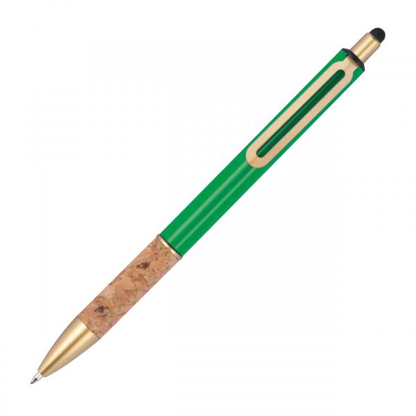 Touchpen Metall-Kugelschreiber mit Korkgriffzone / Farbe: grün